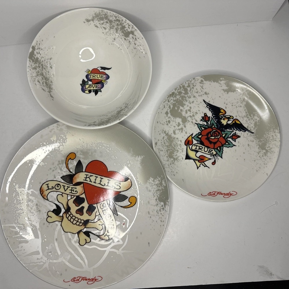 ED HARDY True Splatter USED 3 Pc Set Lg Plate, Salad Plate, Lg Bowl HTF as a Set